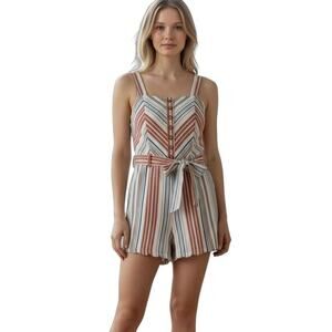 Sky and Sparrow Women's Romper S Linen Button Front Mitered Waist Tie Sleeveless